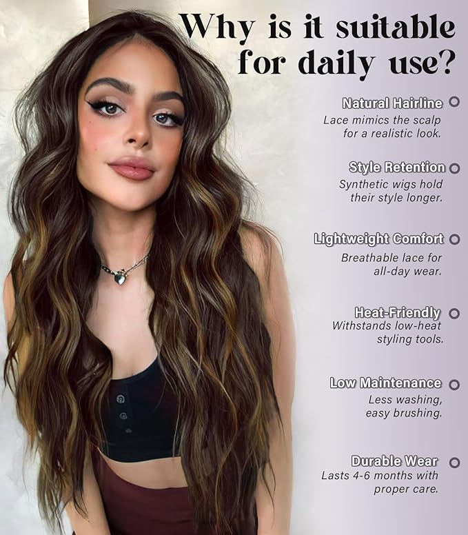 13x4 Lace Front Wig Dark Brown Highlight Ombre Blonde Pre Plucked Hairline with Baby Hairs Glueless Long Wavy Synthetic Wig Heat Resistant for Daily Wear and Parties 26 inch