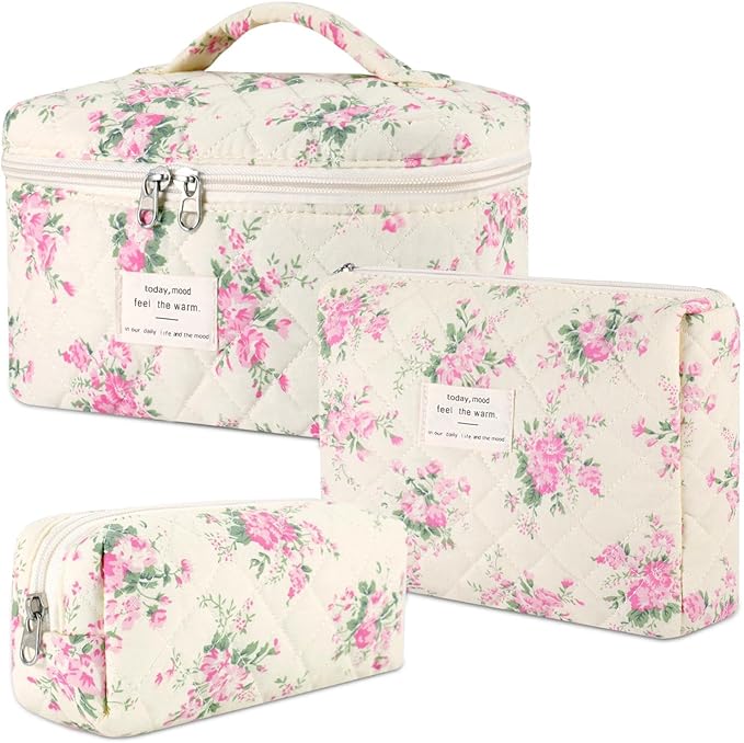 Makeup Bag, 3 Pcs Cotton Floral Quilted Makeup Bag Set, Large Toiletry Travel Cosmetic Bag for Women