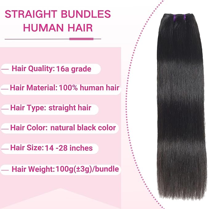 Beauty Queen 3 Bundles Human Hair Straight (20 Inch) 16a Grade Unprocessed Straight Brazilian Sew In Hair Extensions Thick Virgin Hair Natural Color