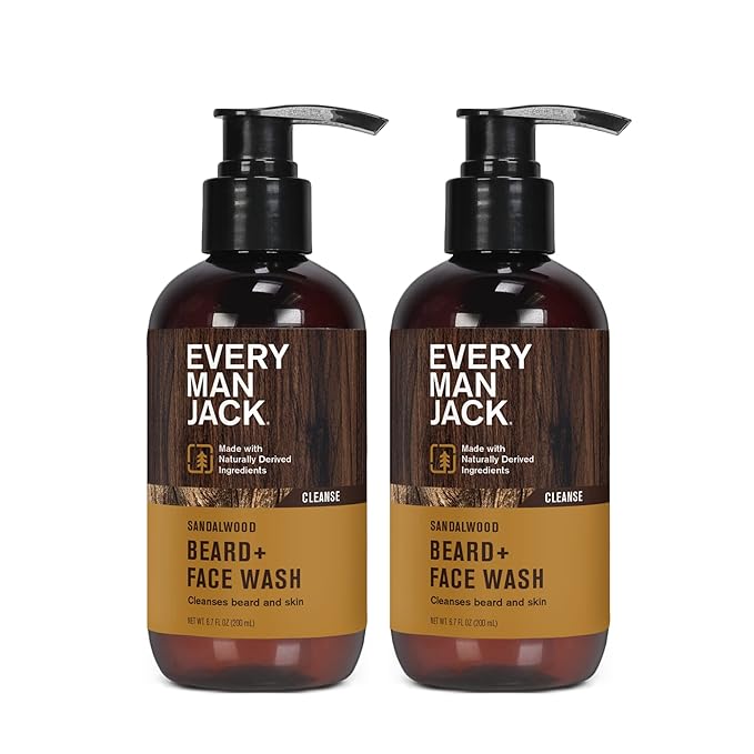 Every Man Jack Sandalwood Beard + Face Wash - Made w/Naturally Derived Ingredients like Aloe Vera & Coconut - 6.7oz (2 Pack)