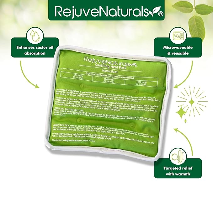 RejuveNaturals Castor Oil Pack - 8 Piece Complete Kit. Includes 16oz Glass Bottle of Organic Castor Oil, Easy to use Castor Oil Compress with Adjustable Fit, 5 Soft Cotton Pads & Soothing Heat Pack..