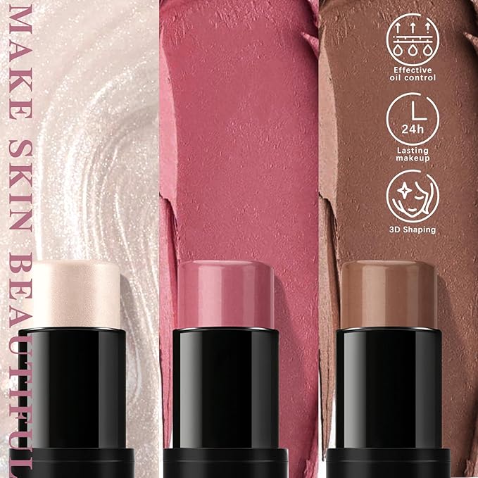 3 Pcs Cream Blush Contour Highlighter Stick for