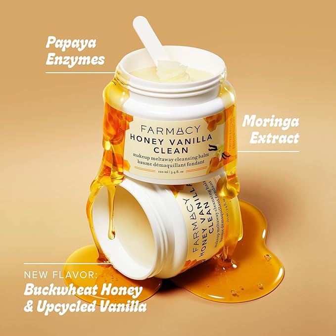 Farmacy Makeup Remover Cleansing Balm - Honey Vanilla Waterproof Makeup Remover & Oil Based Cleanser - Gentle Exfoliating Double Cleanser - Melts From Balm to Milky Lather (100ml)