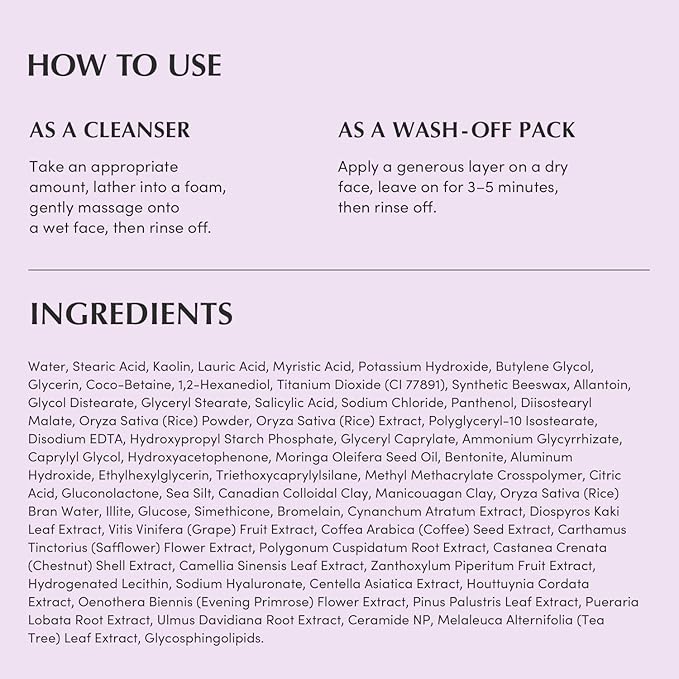 Purple Rice Pore Purifying Pack Cleanser - Dual-Use Clay Mask & Foam Cleanser | Deep Cleansing for Pore Care & Skin Prep | AHA+BHA+PHA | Korean Skincare for Glass Skin, 4.58 OZ. (130g)