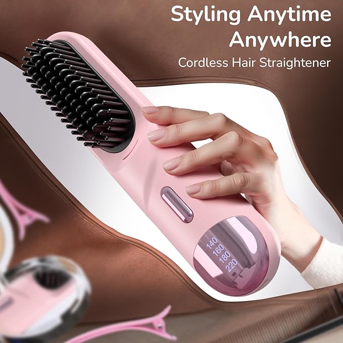 Cordless Hair Straightener Brush 300 Million Negative Ionic Portable Hair Straightener Comb for Women with 4 Temps Fast Heating MCH Ceramic Coating Smooth Frizz - Free Hair Pink