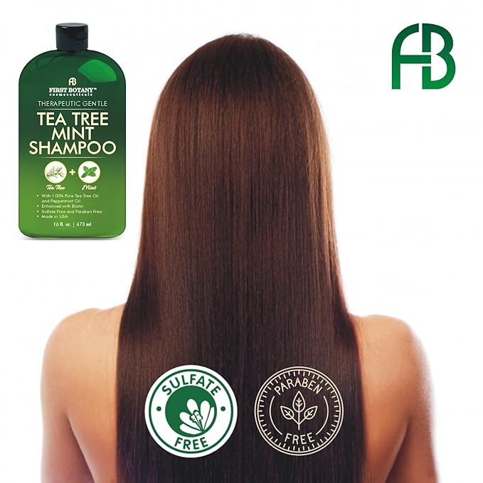 First Botany, Tea Tree Oil Shampoo 16 fl oz - Anti Dandruff Shampoo Natural Oil cleanser For Dry Itchy & Flaky Scalp - Sulfate Free Paraben Free Cleanser - Prevents Head Lice & Thinning