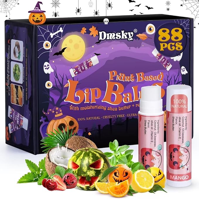 Dmsky Halloween Lip Balm,10 Flavors Natural Lip Balm in Bulk, Moisturizing Lip Balm Stocking Dry Lips, Men Women Kids Party Gifts, Lip Care Set 88 count (4.2g/0.15 Oz)