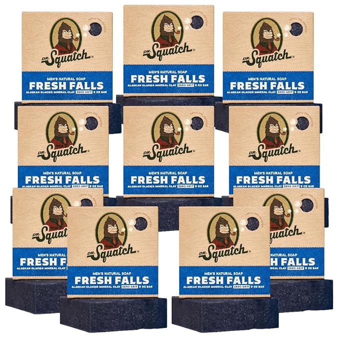 Dr. Squatch Natural Bar Soap for Men - Cold Process Soap with No Harsh Chemicals - Fresh Falls (5 oz, 10-Pack)