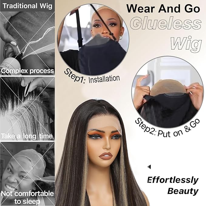 7×5 Brown Mix Blonde Wear and Go Glueless Wigs Pre Plucked Pre Cut for Beginners Synthetic Lace Front Wigs For Woman 26 Inch Ginger Highlights 3 Seconds to Wear