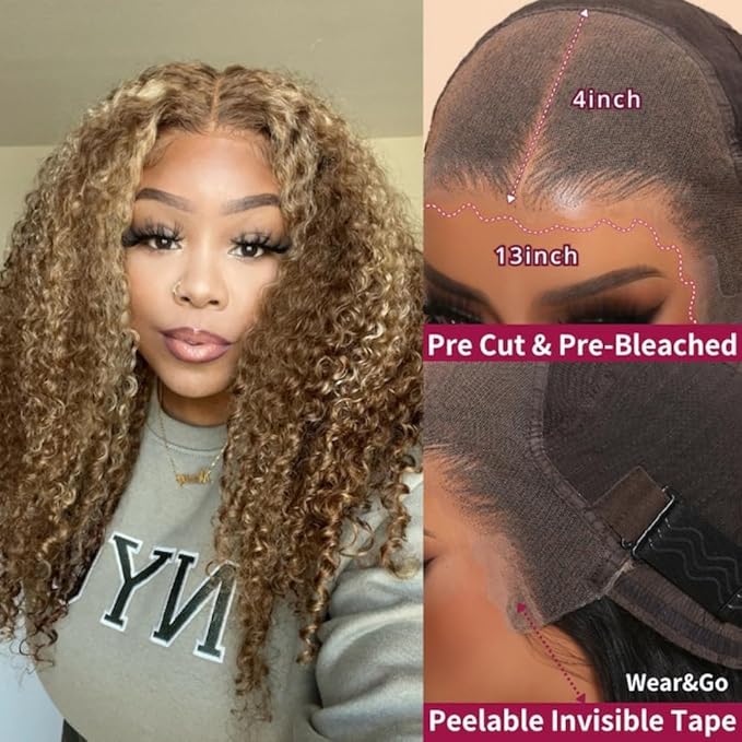Beauty Forever Pre Everything Highlight Curly 13x4 Lace Front Wig Glueless Put on and Go Wig Human Hair, Pre Plucked Honey Blonde Pre Cut Lace Wig Pre Bleached Knots for Beginner 150% Density 22inch