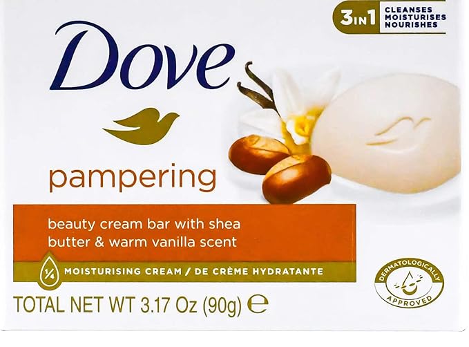 Dove, Beauty Bar Soap Variety Pack of 14, Go Fresh, Shea Butter, Coconut Milk, White, Pampering, Restoring, Exfoliating - 90g (7 Scents, 2 of Each)