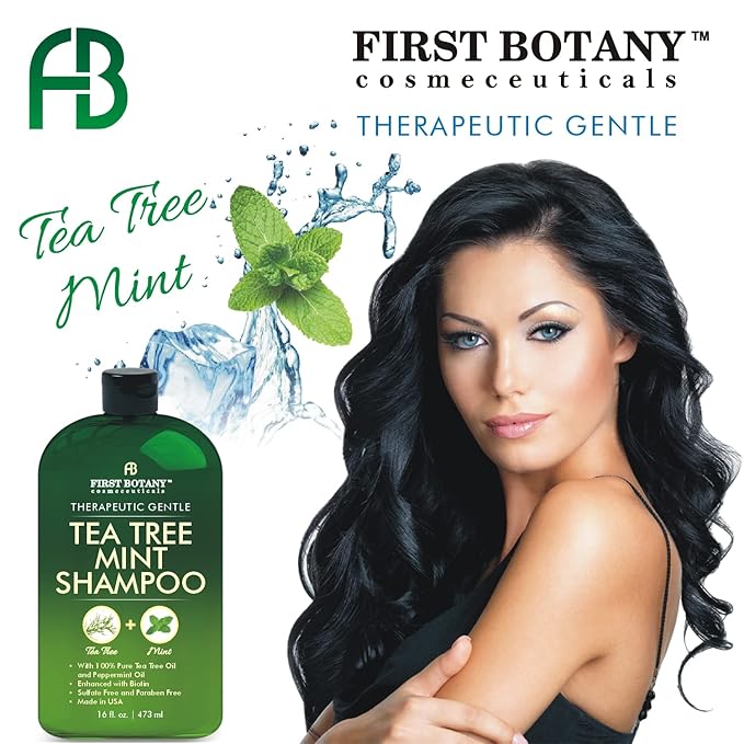 First Botany, Tea Tree Oil Shampoo 16 fl oz - Anti Dandruff Shampoo Natural Oil cleanser For Dry Itchy & Flaky Scalp - Sulfate Free Paraben Free Cleanser - Prevents Head Lice & Thinning