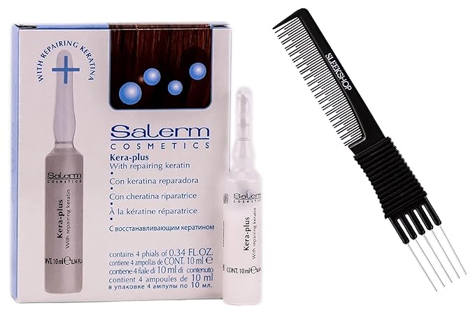 Salerm Cosmetics KERA-PLUS with Repairing Keratin, Straight Hair for Straightening, Protects from Damage Caused by Heat Tools (w/Sleek Teasing Comb) Keraplus + (4 phials of 0.34 oz (PACK OF 1))