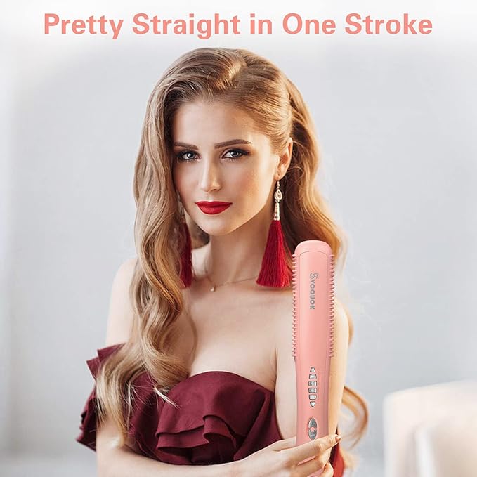 Hair Straightener Comb - Ceramic Hot Comb Hair Straightener Electric Straightening Comb for Black Hair 6 Temperature Settings, 20 Mins Auto-Off Safe & Salon Styling (Pink)