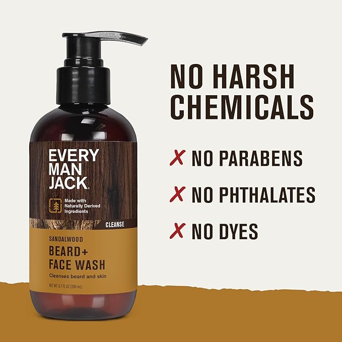 Every Man Jack Sandalwood Beard + Face Wash - Made w/Naturally Derived Ingredients like Aloe Vera & Coconut - 6.7oz (2 Pack)