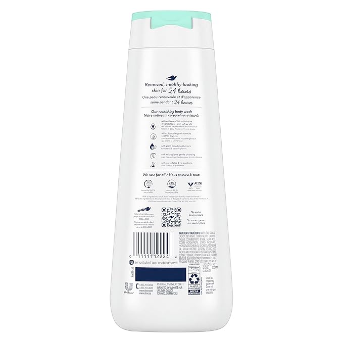 Dove Body Wash Sensitive Skin 4 Count Hypoallergenic, Paraben-Free, Sulfate-Free, Cruelty-Free, Moisturizing Skin Cleanser Effectively Washes Away Bacteria While Nourishing Skin 20 oz