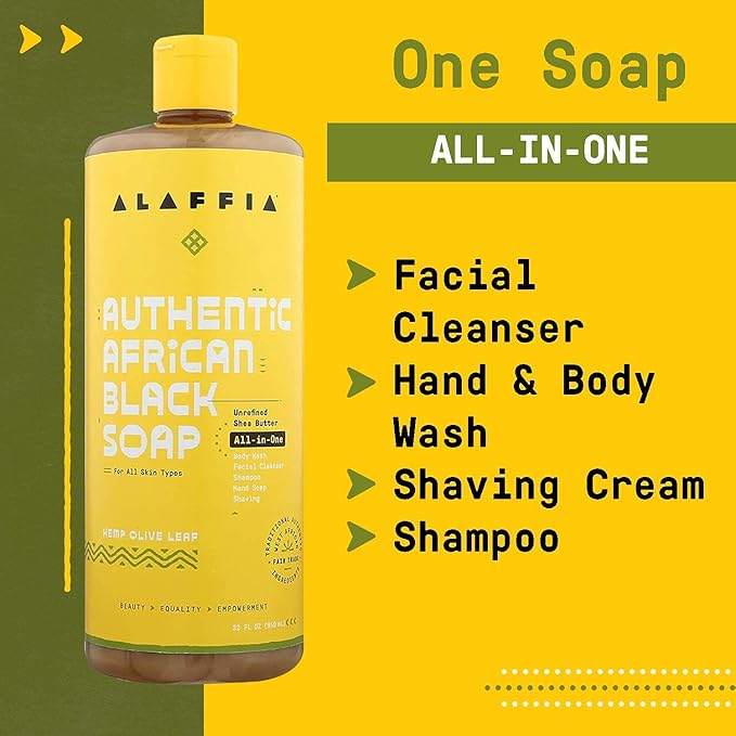 Alaffia Authentic African Black Soap, Hemp Olive Leaf – All-in-One Moisturizing Cleanser for Face, Hands, Body & Hair, 32 Oz