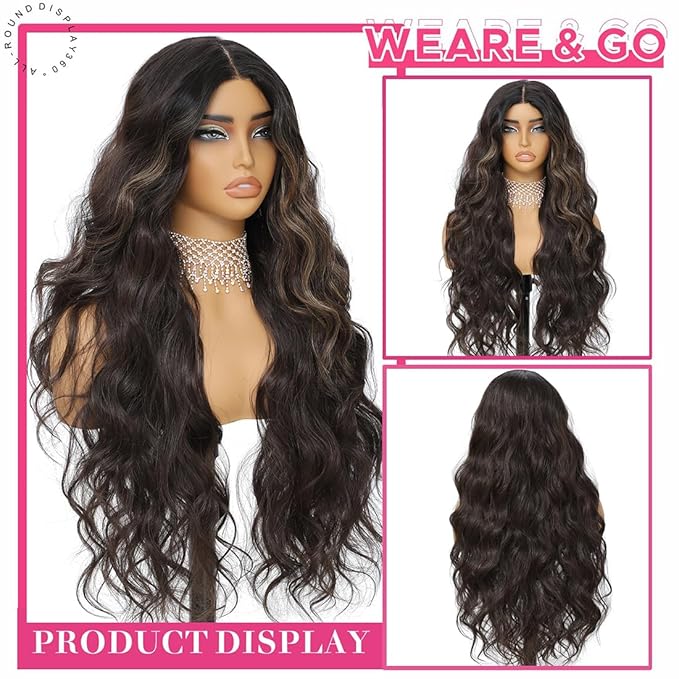 30 Inch Synthetic Lace Front Wig, 4X1 Glueless Pre-Cut Lace Wear and GO Synthetic Wavy Wig for Women Body Wave Middle Part, Beginner-Friendly for Daily Use (Skunk Stripe Brown)