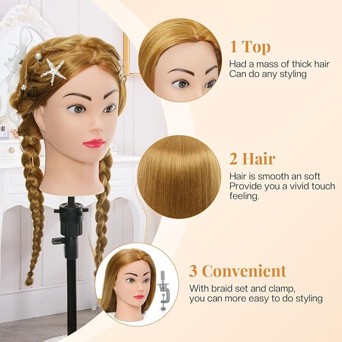 Neverland Beauty Mannequin Head with 60% Real Human Hair, 26 Inch Cosmetology Mannequin Doll Head for Hair Styling, Training Practice Braiding Manikin Head with Clamp and Hair Styling Braid Set