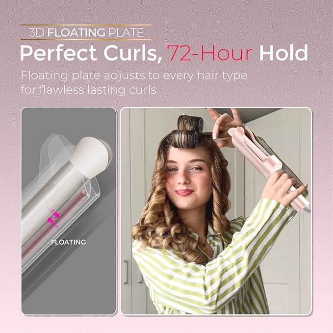 Upgraded Automatic Rotating Curling Iron - TYMO CurlPro Plus Long Barrel Curling Wand for Long Hair, Ceramic 1 Inch Hair Curler for Women, Anti-Scald, Tangle-Free, 600M Ionic, Dual Voltage, Gold Blush
