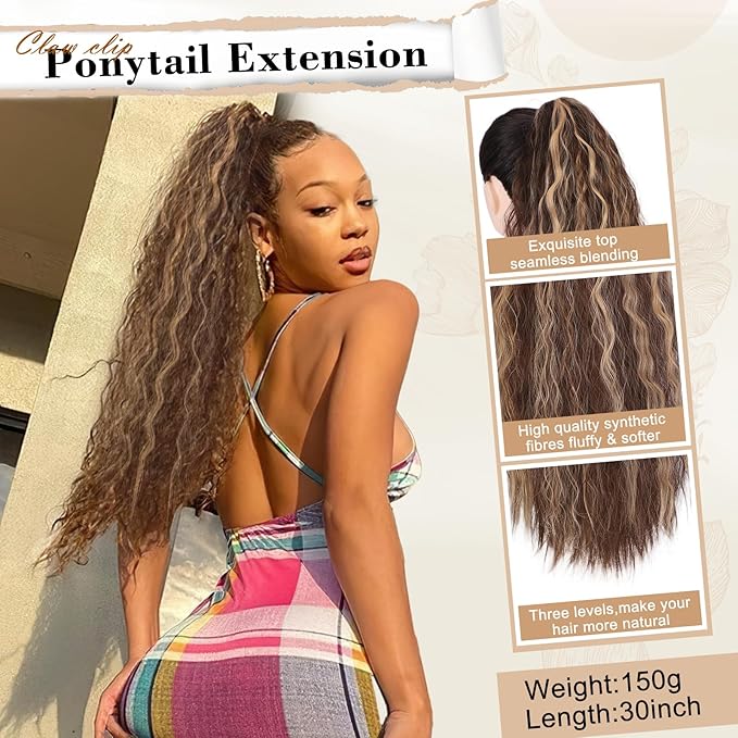 AISI BEAUTY 30 Inch Brown Highlights Ponytail Extension,Claw Clip Curly Ponytail Hair Extension for Women, Long Fluffy Synthetic Clip in Ponytail Hairpiece for Daily Use