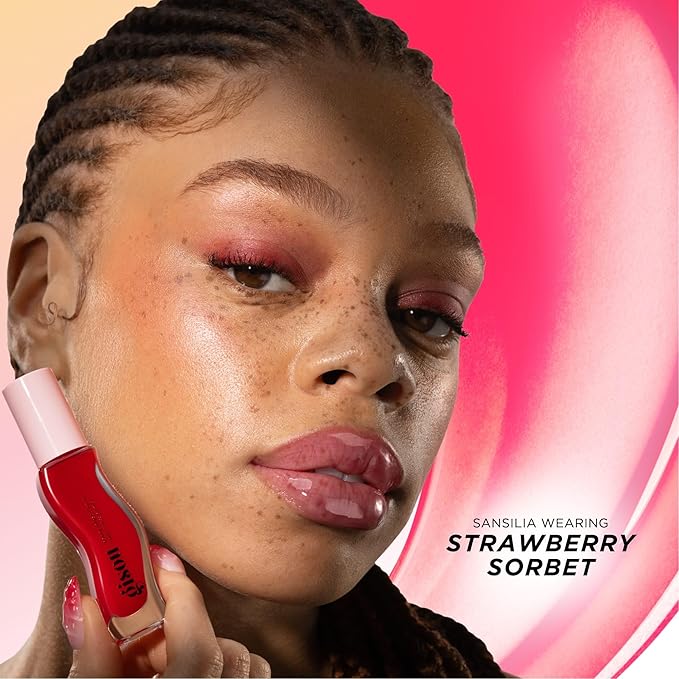 Gisou Honey Infused Hydrating Lip Oil, Nourishing Lip Moisturizer for Dry Lips, High Shine, Smooth Finish, Sheer Pinky Red Shade, Juicy Strawberry Scent, Strawberry Sorbet, 8ml