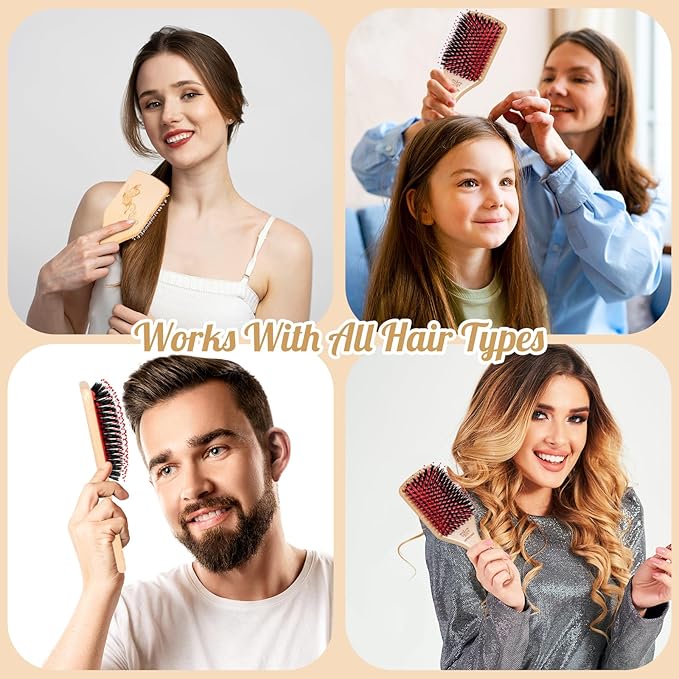 Hair Brush,Boar Bristle Hair Brushes and Hair Comb Set for Women Men Kids, Best Natural Wooden Paddle Hairbrush for Wet or Dry Hair