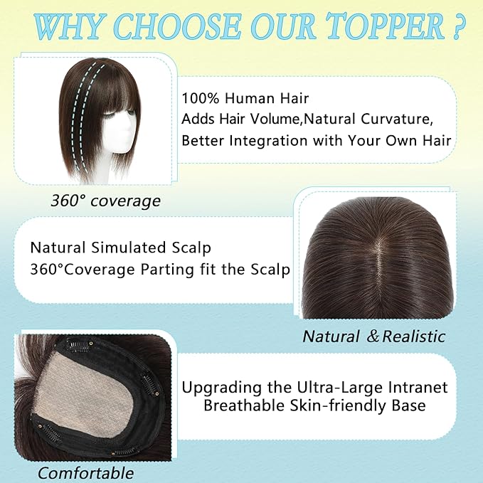 Hair Toppers for Women Real Human Hair, 360° 3D Toppers Pieces for Women with Thinning Crown Wispy Bangs 16 Inch Upgrade Big Basement (Black, 16 Inch Wispy Bangs)