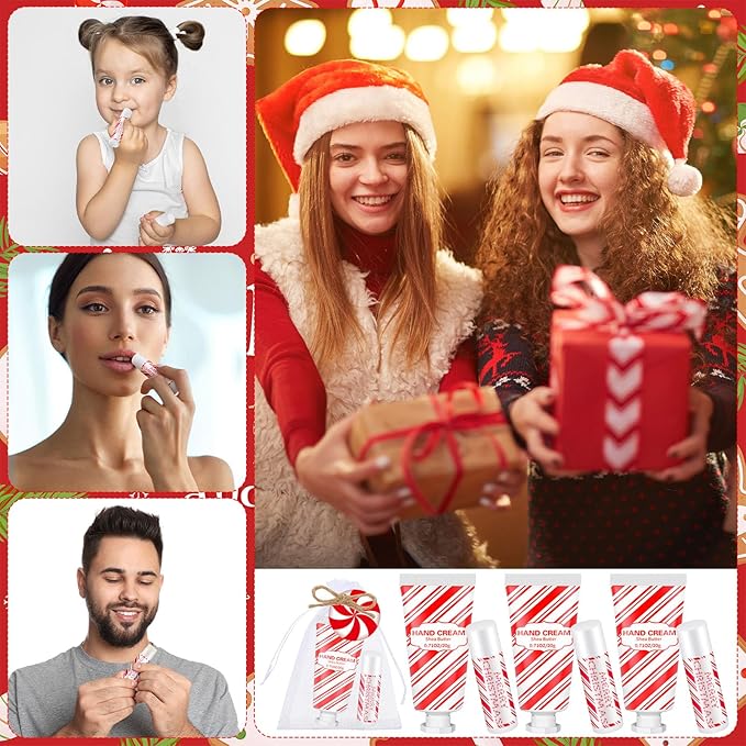 144 Pcs Christmas Candy Cane Lip Balm Hand Cream Set Party Favors Including 36 Lip Balm 36 Moisturizing Hand Cream 36 Bags 36 Cards and Ropes for Xmas Accessories Gifts