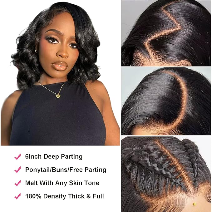 Bob Wig Human Hair 13x6 HD Lace Front Wigs Pre Plucked 200% Density Body Wave Wig Human Hair Wigs for Black Women Natural Black 14 inch