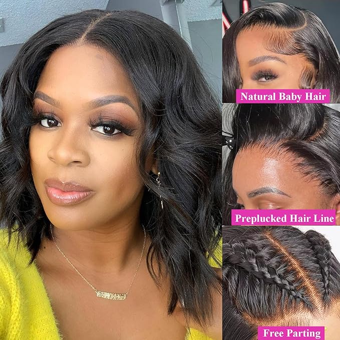 Bob Wig Human Hair 200 Density Pre Plucked 13x6 Body Wave HD Lace Front Wigs Human Hair Glueless Lace Frontal Wigs Short Bob Wigs for Black Women 12 Inch