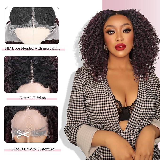 quickwig Curly Lace Front Wigs Short Kinky Curly Wig 13×4×1 HD Glueless Lace Curly Wig Ombre Wine Red Synthetic Lace Wigs for Women Deep Wave Hair (1B/99J)