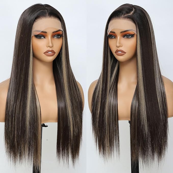 7×5 Brown Mix Blonde Wear and Go Glueless Wigs Pre Plucked Pre Cut for Beginners Synthetic Lace Front Wigs For Woman 26 Inch Ginger Highlights 3 Seconds to Wear