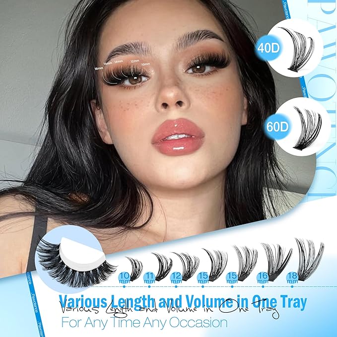 Pawotence Lash Clusters Kit 40D 60D Lash Extension Kit 10-18mm Cluster Eyelash Extension Kit Individual Lashes 280pcs Eyelash Clusters with Lash Bond and Seal, Lash Tweezers for Self Use