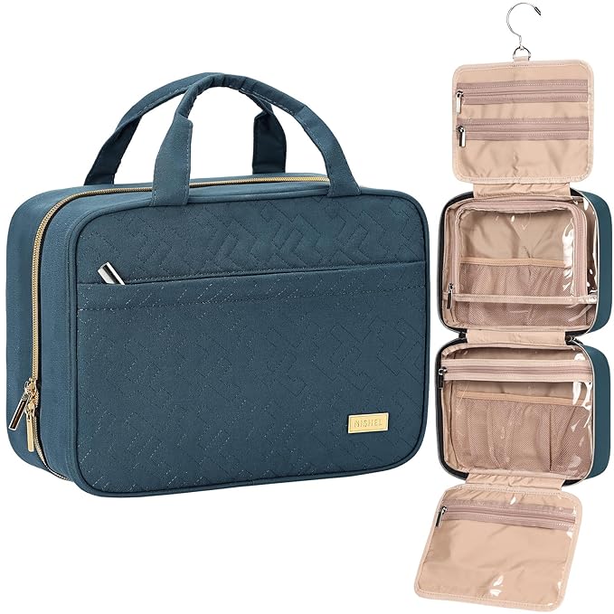 NISHEL Travel Toiletry Bag for women, Portable Hanging Organizer for Travel-Sized Shampoo, Conditioner, Brushes Set, Makeup Accessories, Medium Size, Lake-Blue