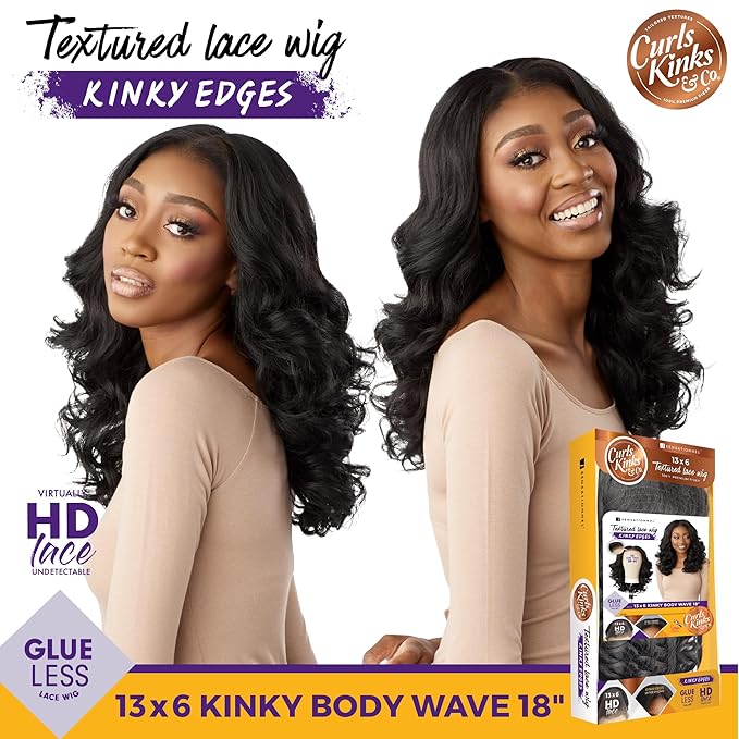 Sensationnel Curls Kinksandco Kinkyedges Wig - Kinky Body Wave 18 Inch 13X6 Lace Frontal Natural Kinkytexture Edged Hairline for Natural 3C to 4C Hair Textures (BALAYAGECHOCOLATE)