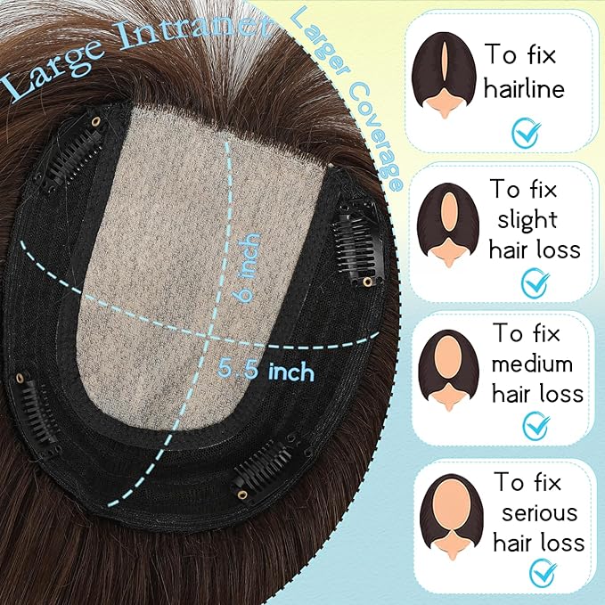 Hair Toppers for Women Real Human Hair, 360° 3D Toppers Pieces for Women with Thinning Crown Wispy Bangs 14 Inch Upgrade Big Basement (Medium Brown, 14 Inch Wispy Bangs)