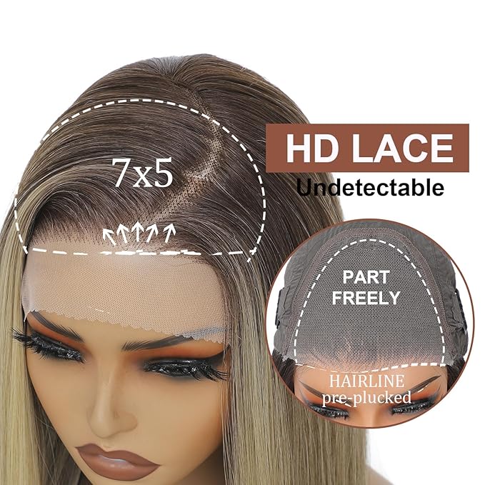 7×5 Ombre Blonde Wear and Go Glueless Wigs Pre Plucked Pre Cut for Beginners Synthetic Lace Front Wigs For Woman 26 Inch Ginger Highlights 3 Seconds to Wear