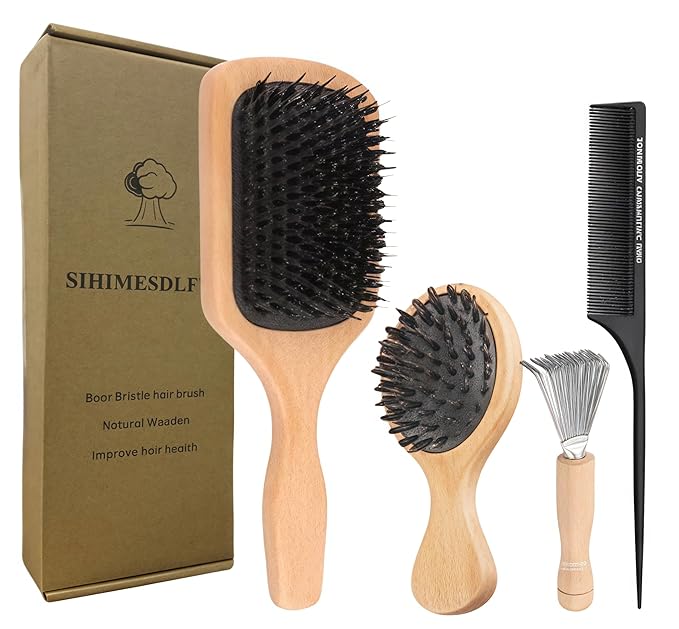 Boar Bristle Hair Brush and Comb Set for Women Men Kids, Best Natural Wooden Paddle Hairbrush and Small Travel Styling Brush for Wet or Dry Hair Detangling Smoothing Massaging(black)