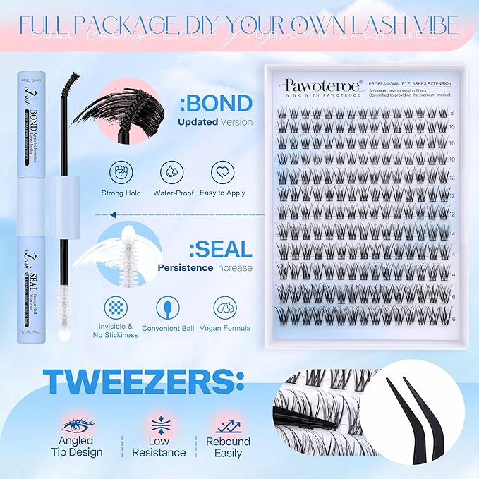 Pawotence Lash Clusters Kit Wispy Lash Extension Kit Natural 180pcs Cluster Eyelash Extensions Kit Individual Lashes 8-16mm Eyelash Clusters Kit with Lash Cluster Bond Seal and Lash Tweezers