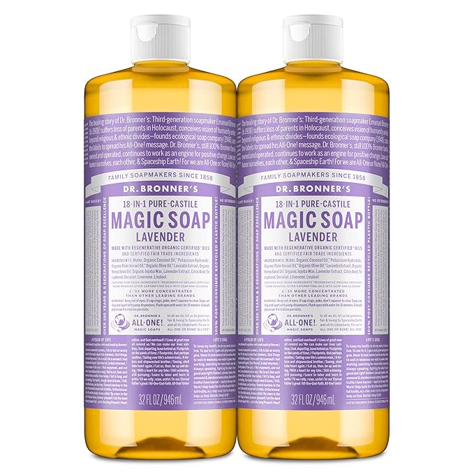 Dr. Bronner's Magic Soap - Pure-Castile Liquid Soap (Lavender, 32 ounce, 2-Pack) -Regenerative Organic Certified Oils, 18-in-1 Uses: Body, Hair, Laundry, Pets & Dishes, Concentrated, Vegan, Non-GMO