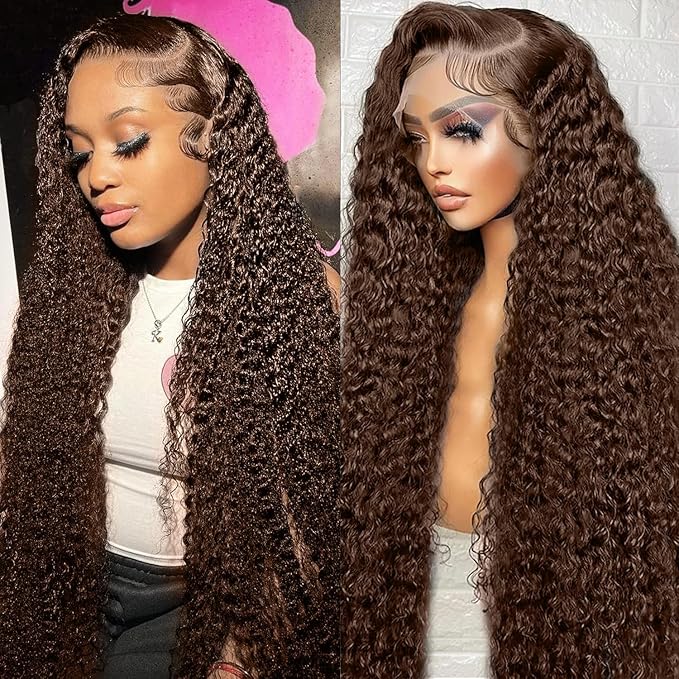CHEETAHBEAUTY #4 Chocolate Brown Deep Wave 13X6 HD Transparent Lace Front Wigs Brazilian 10A Grade Deep Curly Human Hair Wigs for Black Women Pre Plucked with Baby Hair 250% Density(24inch)