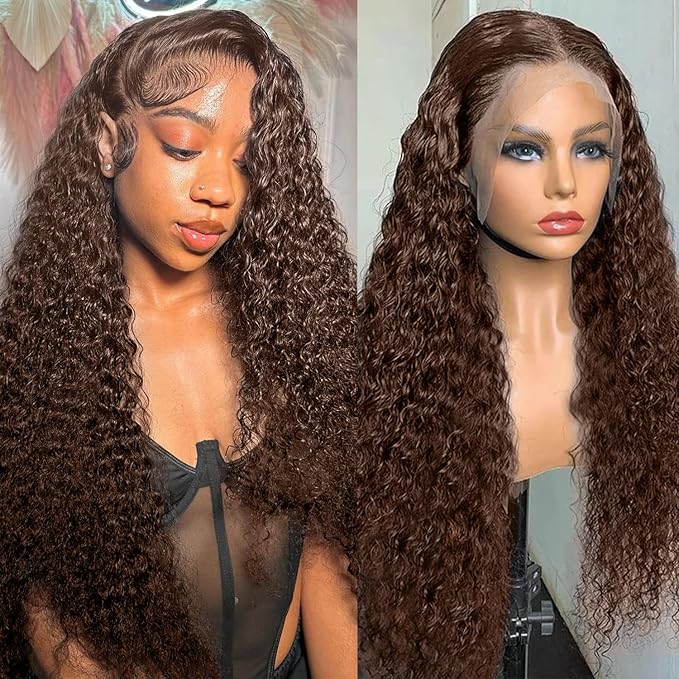 CHEETAHBEAUTY #4 Chocolate Brown Deep Wave 13X6 HD Transparent Lace Front Wigs Brazilian 10A Grade Deep Curly Human Hair Wigs for Black Women Pre Plucked with Baby Hair 250% Density(16inch)