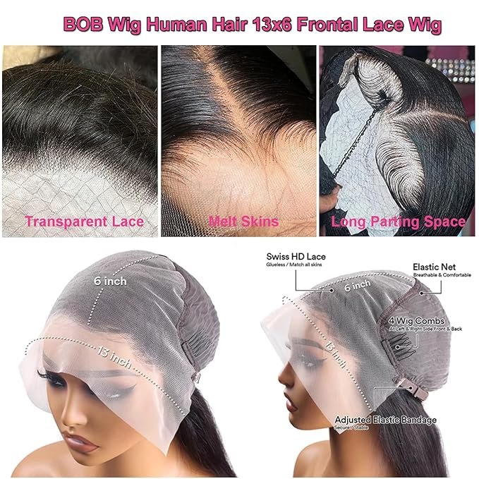 Bob Wig Lace Front Wigs Pre Plucked with Baby Hair 200% Density Short Bob Wigs for Women Body Wave Bob Frontal Wigs Natural Black 10inch