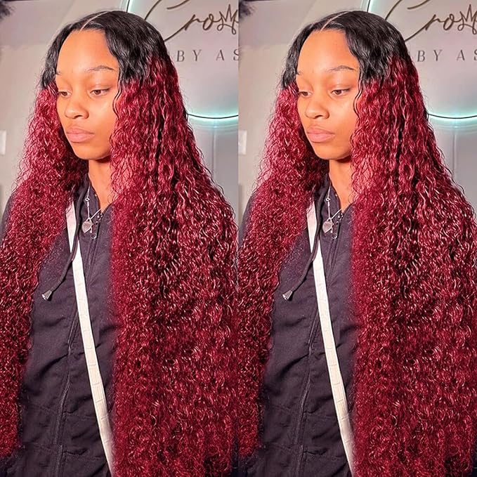 32 inch 99J Burgundy Curly 13x6 Lace Front Wigs Human Hair Ombre 1B/99J HD Lace Front Wig Human Hair Pre Plucked 180% Density Burgundy Curly Dark Root Wine Red Transparent Lace Front Wig for Women