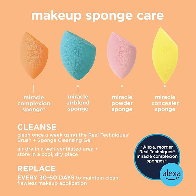 Real Techniques Miracle Complexion Sponge, Beauty Sponge For Makeup Blending & Foundation Application, Full Coverage, Streak-Free Professional Makeup Tool, Cruelty Free, Vegan, Latex Free, 2 Count