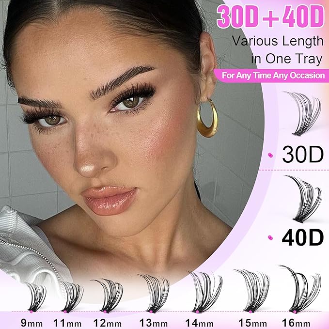 Pawotence Lash Clusters 280pcs Individual Lashes 30D 40D Cluster Eyelash Extensions 9-16mm Eyelash Clusters Lash Extensions for Self Application (30D&40D, 0.07D, 9-16mm)