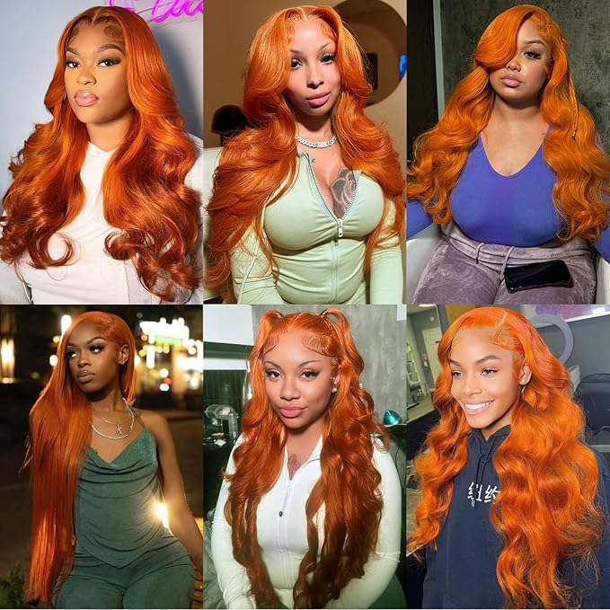 13x6 Ginger Orange Lace Front Wigs Human Hair Pre Plucked 200% Density Body Wave 13x6 HD Transparent Lace Frontal Wig Glueless 88J Colored Bralizian Virgin Human Hair Wigs for Black Women 24 inch