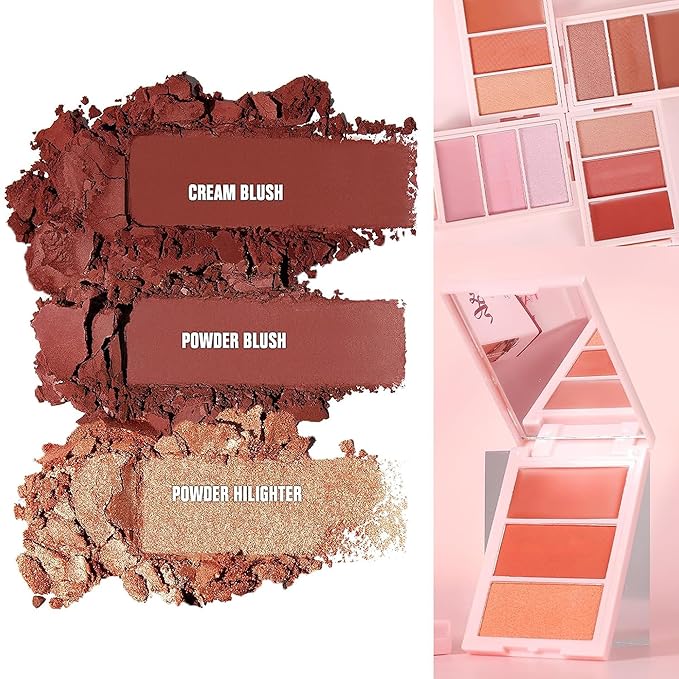 3D Blush Palette, Multi-Use Makeup Powder Blush Palette Cream Blush For Cheeks, Mulit Glow Balm, Lightweight, Smooth, Blendable, Long-Lasting Pigment, Natural Shimmery Or Matte Finish(01#)