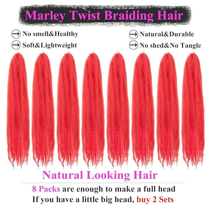 Marley Twist Braiding Hair 24 Inch 8 Packs โ Fluffy&Tangle-Free Cuban Twist Hair for Braiding, Natural Look Synthetic Long-Lasting Spring Afro Kinky Twist Hair Extensions (RED)